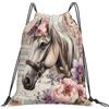 Dusviba Zaino con coulisse vintage con motivo floreale cavallo | Borsa da palestra leggera in poliestere resistente all'acqua per sport, viaggi, scuola, yoga, spiaggia, shopping