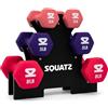 Squatz Set Manubri Palestra 3 Paia 1,36 kg - 2,27 kg - 3,63 kg con Rivestimento Neoprene Antiscivolo, Manici Sagomati e Supporto Compatto, Ideale per Pesi Palestra e Allenamento Casa