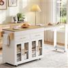 Gojyjqytupo Isola da cucina mobile con ruote, bianco, 132,5-217 x 50 x 93 cm | Tavolo da bar allungabile con vano portaoggetti, armadio da cucina con ante in vetro, cassetti e ripiano