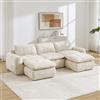 VILUXE Divano 3 posti con 2 sgabelli in ciniglia beige | Divano modulare con seduta bassa, in ciniglia in schiuma 32D, per soggiorno, camera da letto, appartamento, coppie e famiglie