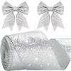 G2PLUS Nastro Regalo,60mmx10m Nastri Argentato Nastro Natalizio Glitterato | Nastri Natalizi con Filo di Ferro per Confezioni Regalo Alberi di Natale,Decorazioni Nuziali