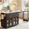 Gojyjqytupo Isola da cucina mobile con ruote, nero, 132,5-217 x 50 x 93 cm | Tavolo da bar allungabile con vano portaoggetti, armadio da cucina con ante in vetro, cassetti e ripiano