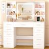 YUNSCEND Toeletta Trucco con LED,Cassetto Portagioie,Piano in Vetro,Bianco | Postazione Trucco con Specchio Scorrevole, 11 Cassetti e 9 Ripiani, Multipresa, 3 Colori Regolabile, per Camera EXFST041W
