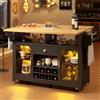 Ktipm Isola Cucina con LED e Piano Ribaltabile Bilaterale, Penisola Cucina | Isola Cucina con Ruote, Portabottiglie Smontabile e Cassetto, 2 Ante e Contenitore Aperto, 143x40-80x95 cm, Nero