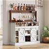 ZKLOEP Bar da caffè lungo 120 cm con portabicchieri, credenza con vano portaoggetti, credenza in stile rustico per cucina/soggiorno, con ante scorrevoli, bianco e naturale