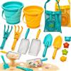 HONHHUO Set di giocattoli da spiaggia per bambini, con 2 secchi pieghevoli, pala, rastrello, setaccio per sabbia e sacchetto a rete, 14 pezzi, per spiaggia, giardino e vacanze, a partire dai 3 anni