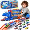 NXPZ Camion dei Trasporti Dinosauro Giocattolo per Bambini, Giocattolo 3 in 1 con Pista Piegevole e Lanciatore, Camion Portatile con 12 Auto da Corsa, Regalo per Bambini di 3 4 5 6 7 8 Anni