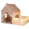 COSTWAY Tenda da Gioco Fosforescente per Bambini con Recinto (Beige) | 2 in 1 Casetta per Interni con Imbottito Morbida, Reti Traspiranti e Luci a Stelle,Idea Regalo per Bambini 3+Anni