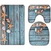 A.Monamour Set Tappeti Bagno 3 Pezzi Completo Retro Blu Pavimento In Legno Rete Da Pesca Conchiglie Stelle Marine Nautiche Antiscivolo Morbidi Assorbente Lavabile Tappetini per Il Bagno WC Bidet