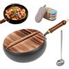 Drbrrly Japanese Cast Iron Wok with Lid, 11 Inch Hand Hammered Uncoated Wok Pan, Nonstick Carbon Steel Stir Fry Pan, Flat Bottom Induction Compatible Cookware for Electric, Gas&Glass Stoves (28cm)