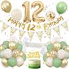 UDRKFOPK Decorazione per 12° compleanno, verde salvia, verde oro bianco, decorazioni di compleanno per 12 anni, palloncini numero 12 con striscione, decorazione per torta per ragazzo e ragazza, decorazione di
