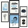 Nacnic Set di 6 poster a inchiostro nero. Creature dell'oceano. Stampe artistiche del mare e dell'oceano per l'arredamento e la decorazione d'interni. A3 & A4, cornici nere.