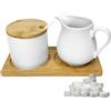 DAJASD Bricco per latte in ceramica bianca e zuccheriera, 260 ml, in ceramica, con vassoio in legno