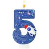 Fesnova Candela con numero 5 blu scuro, decorazione per torta spaziale per | Candela di compleanno glitterata 5 con razzo, stelle e piedistallo, 7,5 x 4 cm, decorazione torta 5° compleanno per ragazzi