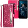 SEHEYA Cover per iPhone 7/8 / SE 2020 / SE 2022 Custodia a Libro Glitter Caso Pieghevoli in Pelle PU Tasca Cerniera Case Brillante Cinturino da Polso Porta Carte Portafoglio Cover, Rosso Rosa