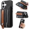 COQUE COUQE Custodia per iphone 16 Plus, sottile custodia protettiva antiurto in pelle PU con porta carte magnetico, con funzione di supporto e cinturino da polso-Nero