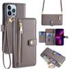 CasurvivePro Borsa a tracolla compatibile con iPhone 16 Pro, in pelle PU, con porta carte di credito, tasca con cerniera, polso e tracolla, protettiva, per donna, grigio