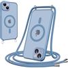 Pnakqil Cover Magnetica con Cordino per iPhone 15 Plus, Compatibile con MagSafe, Sottile con Laccio Collana Tracolla Regolabile AntiGraffio Case con Collana-Azzurro