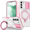 Kainevy Cover per Samsung S22 Plus Antiurto con Anello Supporto, Morbido Antiscivolo Protezione Silicone TPU & Rigido PC Nero Custodia con Protezione Fotocamera Slidable Case (Bianco Rosa)