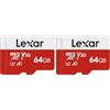 Lexar Micro SD 64 GB, Scheda Micro SD fino a 100 MB/sec(R), Scheda di Memoria microSDXC con Adattatore SD, A1, U3, C10, V30, Micro SD Card (Confezione da 2)