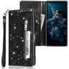 SEHEYA Cover per iPhone 13 Pro Max Custodia a Libro Glitter Caso Pieghevoli in Pelle PU Tasca Cerniera Case Brillante Cinturino da Polso Porta Carte Portafoglio Cover, Nero