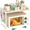 SONGMICS Mensola Microonde Estensibile, Scaffale Supporto Forno a Microonde, Larghezza Regolabile da 41,5 a 64 cm, Cucina, Acciaio e Bambù, 4 Ganci, Bianco Crema e Bambù Chiaro KCS060W01