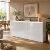DEZAGCE Credenza bianca lucida, LED caldo, 5 ante, 200 × 35 × 80 cm | LED bianco caldo - 5 ante - 7 scomparti - Frontali senza maniglie - Finitura bianca lucida