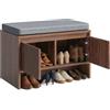 eGenuss Panca scarpiera effetto noce con contenitore, mobile ingresso con cuscino imbottito, 2 ante e ripiano aperto, design moderno a lamelle, chiusura soft close,65x37,1x46,2cm