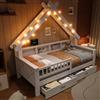 Kebnor Letti Piattaforma in legno a forma di casa, con illuminazione a LED, ripiani e cassetti, griglia di protezione, colore: bianco (90 x 200 cm)