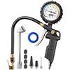 GERCHWAY Manometro Pressione Pneumatici 0-10 Bar, Pistola Gonfiaggio Auto | Precisione ±2%, Quadrante Fosforescente, Mandrino 360°, Raccordo 1/4 NPT, Senza Batterie, Tubo 40 cm, Metallo, 3 in 1