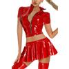 Adigau Completi Donna in Pelle PU Wetlook Top Corto Maniche Corte con Cerniera Frontale Latex Mini Gonna 2pcs Set Clubwear Lucido per Festa Discoteca
