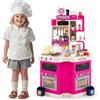 COSTWAY Cucina Giocattolo per Bambini, Cucinetta in Legno con Suoni e Luci Realistici, Fornello con Vapore, Microonde, Lavello e Rubinetto, Cucina da Gioco con 113 Accessori per Bambini 3+ Anni (Rosa)