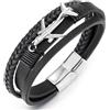 COOLSTEELANDBEYOND Bracciale da Uomo in Pelle Nera Intrecciata con Charm Aereo in Acciaio Inox, Polsino Wrap a Tre File, Stile Viaggio e Pilota