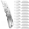 Ailah Taglierino Professionale Pieghevole in Alluminio, Coltello Multiuso con Blocco Laterale e Clip da Tasca, 10 Lame Trapezoidali + 10 Lame a Uncino per Moquette e PVC, Argento