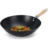 Holyhome Padella Wok in Acciaio al Carbonio 34cm | Antiaderente, Doppio Manico Legno | Padella Wok adatta per Gas o Piano a Induzione, Ideale per Cucina Asiatica, per Saltare Verdure, Carbon Steel