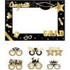 PureBowlic Set di accessori decorativi per foto di laurea e occhiali, grande cornice in cartone bianco, 70 x 47 cm e occhiali in diversi colori, facile da montare (cornice nera oro)