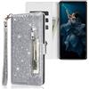SEHEYA Cover per Xiaomi Redmi Note 13 Pro Plus 5G Custodia a Libro Glitter Caso Pieghevoli in Pelle PU Tasca Cerniera Case Brillante Cinturino da Polso Porta Carte Portafoglio Cover, Argento