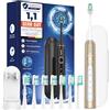 YTEATH PRO Spazzolino Elettrico Sonico per Viaggio - Spazzolino Denti Sonico Adulti e Bambini con 8 Testine e Custodia, 5 Modalità, Impermeabile IPX7, Spazzolino Elettrico da Ricaricabile, Oro Smerigliato