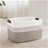 MYHOMMATTO Grande cesto per biancheria intrecciato in corda di cotone, 60L, con manici in cuoio, per coperte, vestiti, giocattoli, per lavanderia, camera bambini o soggiorno, 53x38x29 cm, bianco e marrone scuro