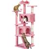 Yaheetech Albero Tiragraffi per Gatti Alto 158 cm XXL Multilivello Rosa | Torre multifunzionale in peluche, con rampa, 2 casette 3 trespoli 3 pali in sisal e 2 pompon, giochi da interni per più gatti