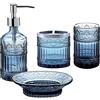 WHOLE HOUSEWARES | Set di accessori per il bagno | Set da 4 accessori in vetro per la decorazione | Porta sapone, porta spazzolini, barattolo e piattino | Vetro a mosaico elegante (blu)