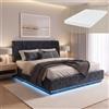 en.casa Letto imbottito con illuminazione a LED, modello "Tröstiar", con contenitore e materasso in lino, dimensioni 160 x 200 cm, colore blu
