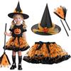 NXPZ Costume da Strega di Halloween per Bambini, Set di Halloween a 3 Pezzi con Abito da Strega, Cappello e Scopa, Adatto a Ragazze di 3-12 Anni per Halloween, Compleanni e Feste