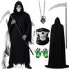 Moerstar Costume Mietitore Bambino Adulto, Costumi Halloween Morte con Mantello Nero con Cappuccio Falce Maschera Teschio Guanti e Collana, Costume Uomo per Halloween Carnevale