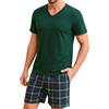 Bresdk Pigiama Uomo Cotone Corto Manica Corta Estivo 2 Pezzi Leggero Maglia | con Scollo a V e Pantaloncini Scozzesi