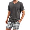 Bresdk Pigiama Uomo Cotone Corto Manica Corta Estivo 2 Pezzi Leggero Maglia | con Scollo a V e Pantaloncini Scozzesi