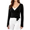 Baisdan Top da Pilates Donna Avvolgente Maniche Lunghe, Top Yoga Balletto Scollo a V Profondo Allacciatura con Nodo Frontale, Maglia Activewear Palestra Allenamento Stile Y2K