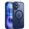 Qasyfanc Magnetica Cover per iPhone 16, Blu Scuro | Compatibile con MagSafe,con 2 Pezzi Vetro Temperato Pellicola, Cover Clear Slim Fit Antiurto Militare Antigiallo
