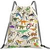 Lsjuee Alfabeti di apprendimento alla moda con dinosauri Borsa con coulisse per il tempo libero unisex semplice, borse con coulisse da palestra, borse portaoggetti per zaino portatile da esterno