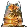 Lsjuee Sunset Hawaiian Palm Tree Borsa con coulisse per il tempo libero unisex semplice, borse con coulisse da palestra, borse portaoggetti per zaino portatile da esterno
